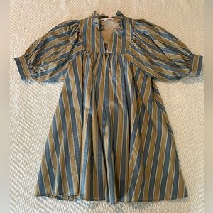 Striped Olive and Blue Puff-Sleeve Dress